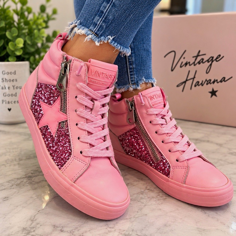 Vintage Havana Kids Pink Glitter Lace Up High Top Sneakers Zipper US 6